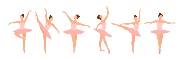 Six ballet dancers standing in a flat design pose on a white background. Vector illustration of ballerinas in special dance dresses. Clip-art for feeding posters of the ballet school, courses, shows. © Leria Kaleria