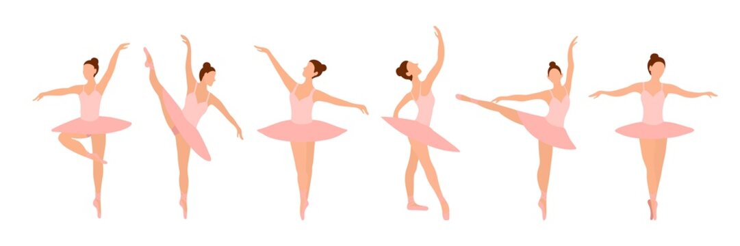 Six ballet dancers standing in a flat design pose on a white background. Vector illustration of ballerinas in special dance dresses. Clip-art for feeding posters of the ballet school, courses, shows.