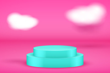 Blue Presentation platform on pink backdrop with clouds. Modern airiness pastel background. Editable Vector illustration.