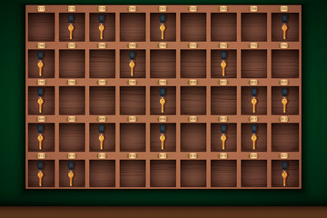 Vintage hotel front desk key rack on reception. Concierge workplace. Hotel and resort background. Vector Illustration.