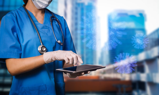 Medical technology concept. Doctor working with Infectious doctor exam and screening for novel Coronavirus(2019 nCoV) with VR icon