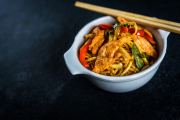 Asian noodles with chicken meat