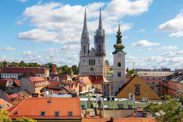 View of historic Zagreb upper city with rooftops and cathedral towers on beautiful sunny day. Image