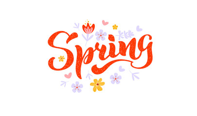 Spring Handwritten red lettering isolated on white. Vector illustration with flat flowers for poster, card, calendar, spring logo, bullet journal. Concept spring advertising. EPS 10