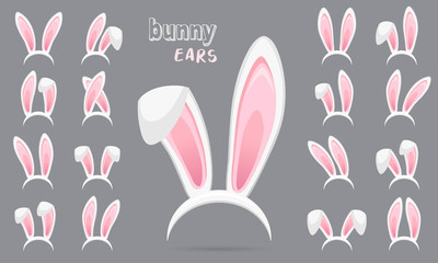 Easter Rabbit ears stickers collection. Set of masks bunny ear on transparent background. Big set. Vector illustration - 327471843