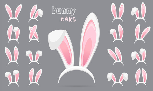 Easter Rabbit ears stickers collection. Set of masks bunny ear on transparent background. Big set. Vector illustration