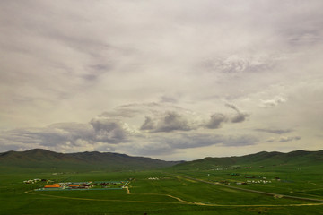 Aerial view of the Mongolian countryside, not far from Ulaanbaatar, the capital of Mongolia, circa...