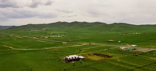 Aerial view of the Mongolian countryside, not far from Ulaanbaatar, the capital of Mongolia, circa...