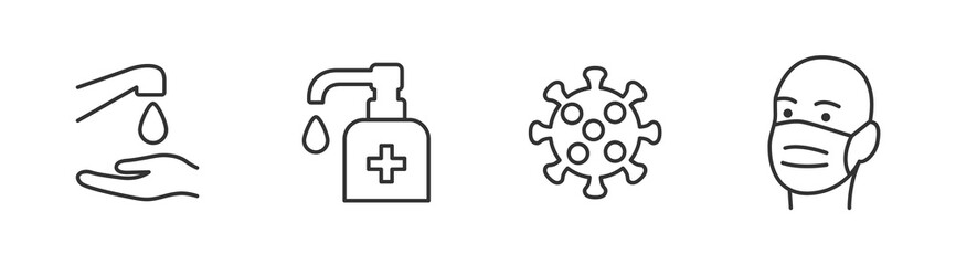 Hygiene vector icon set. Virus care black line outline icons collection. Washing hands, anti bacterial soap