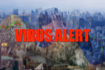 Virus alert text with despair man from world stock down on tokyo city background.