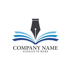 Book education logo template illustration design. Smart learning education be conceived with pen above the book. Open book logo design.