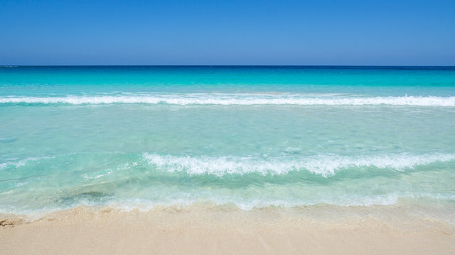 Marsa Matruh, Egypt. The sandy beach and the amazing sea with tropical blue, turquoise and green colors. Relaxing context. Fabulous holidays. Mediterranean Sea. North Africa. Clean and pristine sea