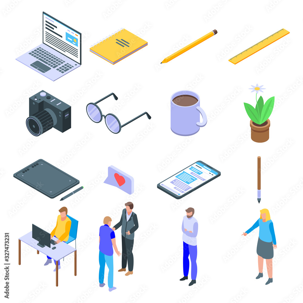 Poster art director icons set. isometric set of art director vector icons for web design isolated on white 