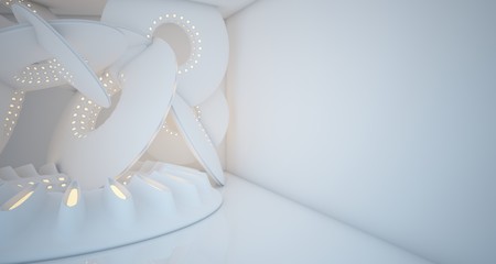 Abstract architectural background. White interior with smooth discs. Neon lighting. 3D illustration and rendering.