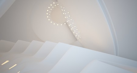 Abstract architectural background. White interior with smooth discs. Neon lighting. 3D illustration and rendering.