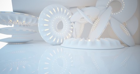 Abstract architectural background. White interior with smooth discs. Neon lighting. 3D illustration and rendering.