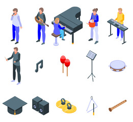 Music school icons set. Isometric set of music school vector icons for web design isolated on white background