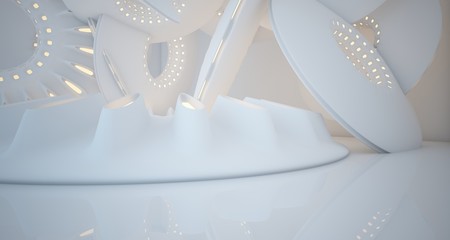 Abstract architectural background. White interior with smooth discs. Neon lighting. 3D illustration and rendering.