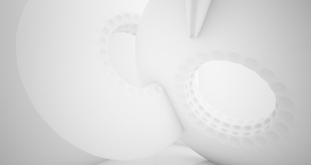 Abstract architectural background. White interior with smooth discs. 3D illustration and rendering.