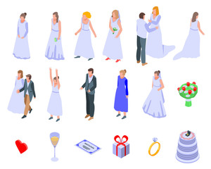 Bride icons set. Isometric set of bride vector icons for web design isolated on white background