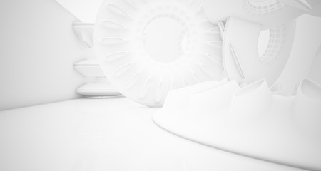 Abstract architectural background. White interior with smooth discs. 3D illustration and rendering.