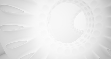 Abstract architectural background. White interior with smooth discs. 3D illustration and rendering.