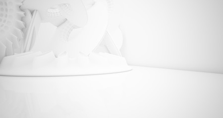 Abstract architectural background. White interior with smooth discs. 3D illustration and rendering.