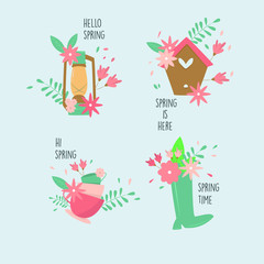 hand drawn spring badges. flat design illustration