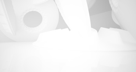 Abstract architectural background. White interior with smooth discs. 3D illustration and rendering.