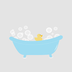 Picture of a bath with soap bubbles. Classic bathtub in cartoon style. Vector illustration of soap bubbles. Sign for packaging soap hygiene products for children.