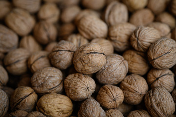 A pile of walnuts in the shell at the market
