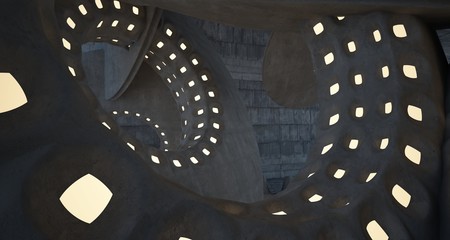 Architectural background. Abstract concrete interior with smooth chrome discs. Neon lighting. 3D illustration and rendering.