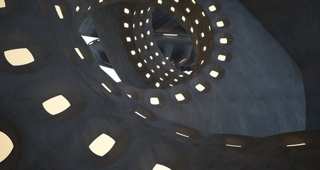 Architectural background. Abstract concrete interior with smooth chrome discs. Neon lighting. 3D illustration and rendering.