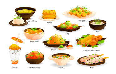 Indian cuisine traditional food set. India dishes menu restaurant breakfast dinner. Dishes with rice, meat, potatoes, tortillas, ice cream, vegetables, fish, eggs cartoon vector - obrazy, fototapety, plakaty
