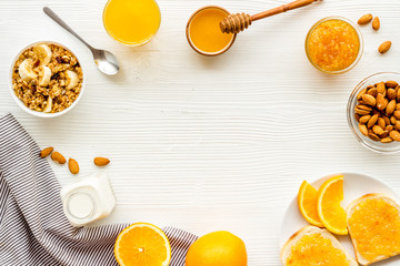 Breakfast with granola mockup on white background top-down copy space