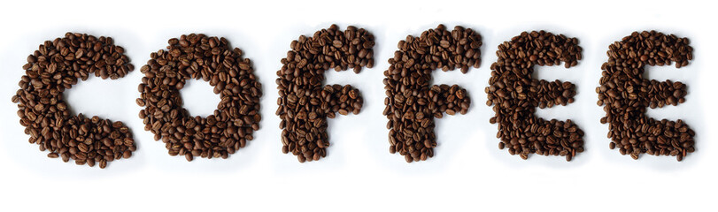 The word coffee made with dark roasted beans on white