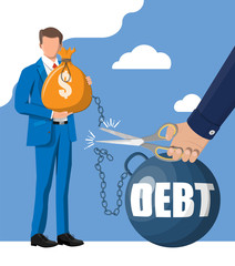 Businessman hand with scissors cutting debt weight chain. Big heavy debt weight with shackles and money bag. Tax burden, financial crime, fee, crisis and bankruptcy. Vector illustration in flat style