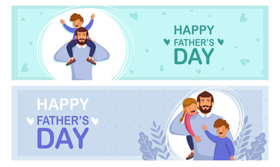 Set greeting cards Happy Father's Day. Vector illustration of a flat design - stock vector. Happy father's day template design. Cartoon photo of father, red-haired son and daughter hugging together. 