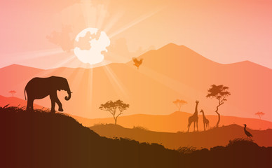 Landscape savannah with wild animals, vector illustration