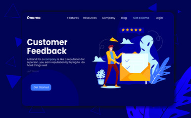 landing page customer feedback management, customer reviews. the man holds a letter envelope containing a checklist and above it there are five stars. flat vector illustration design, modern design