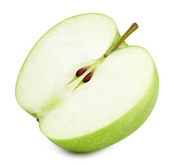 One ripe green apple slice isolated on white background. Half apple clipping path.