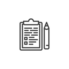 Clipboard with pen line icon. linear style sign for mobile concept and web design. Checklist, clipboard outline vector icon. Symbol, logo illustration. Vector graphics