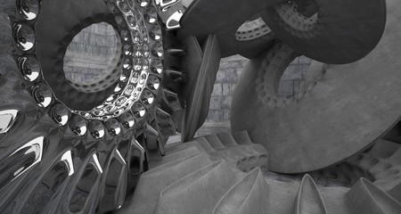 Architectural background. Abstract concrete interior with smooth chrome discs. 3D illustration and rendering.