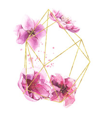 Watercolor painted geometric line frame with pink cherry blossoms. Isolated floral arrangement illustration.