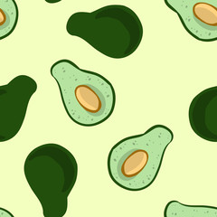 Avocado doodles vector seamless pattern. Whole avocado and cut half vegetable on green background. Stock vegan vector texture wallpaper tile