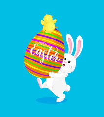White rabbit with a big Easter eggs and little chick. Cute bunny. Cartoon character design,  vector illustration isolated on blue background.
