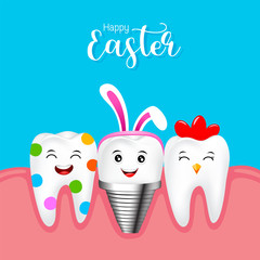 Set of Easter tooth character design. Funny dental cartoon. Happy Easter holiday concept. Vector Illustration isolated on white background.