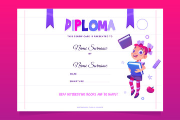 Kids school diploma certificate happy child with book jumping, girl preschool or kindergarten graduation document, creative template with place for filling name cartoon vector illustration