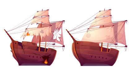 Retro wooden ships with white sail cartoon vector. Galleon or frigate and broken sailboat after sea battle. Ship in fire with holes in the hull isolated on white background © klyaksun