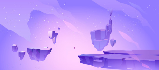 Naklejka premium Space background with landscape of alien planet with craters and crack. Vector cartoon fantasy illustration of purple galaxy sky with stars and ground surface with rocks